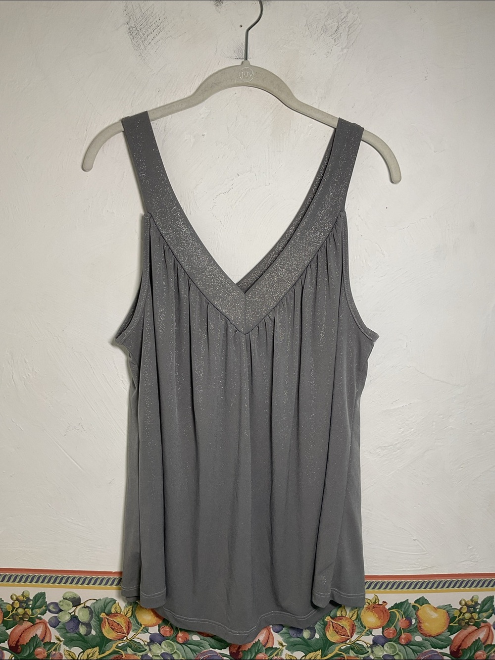 Daniel Benjamin Metallic Shimmer V-Neck Tank Top Charcoal Silver Size 1X